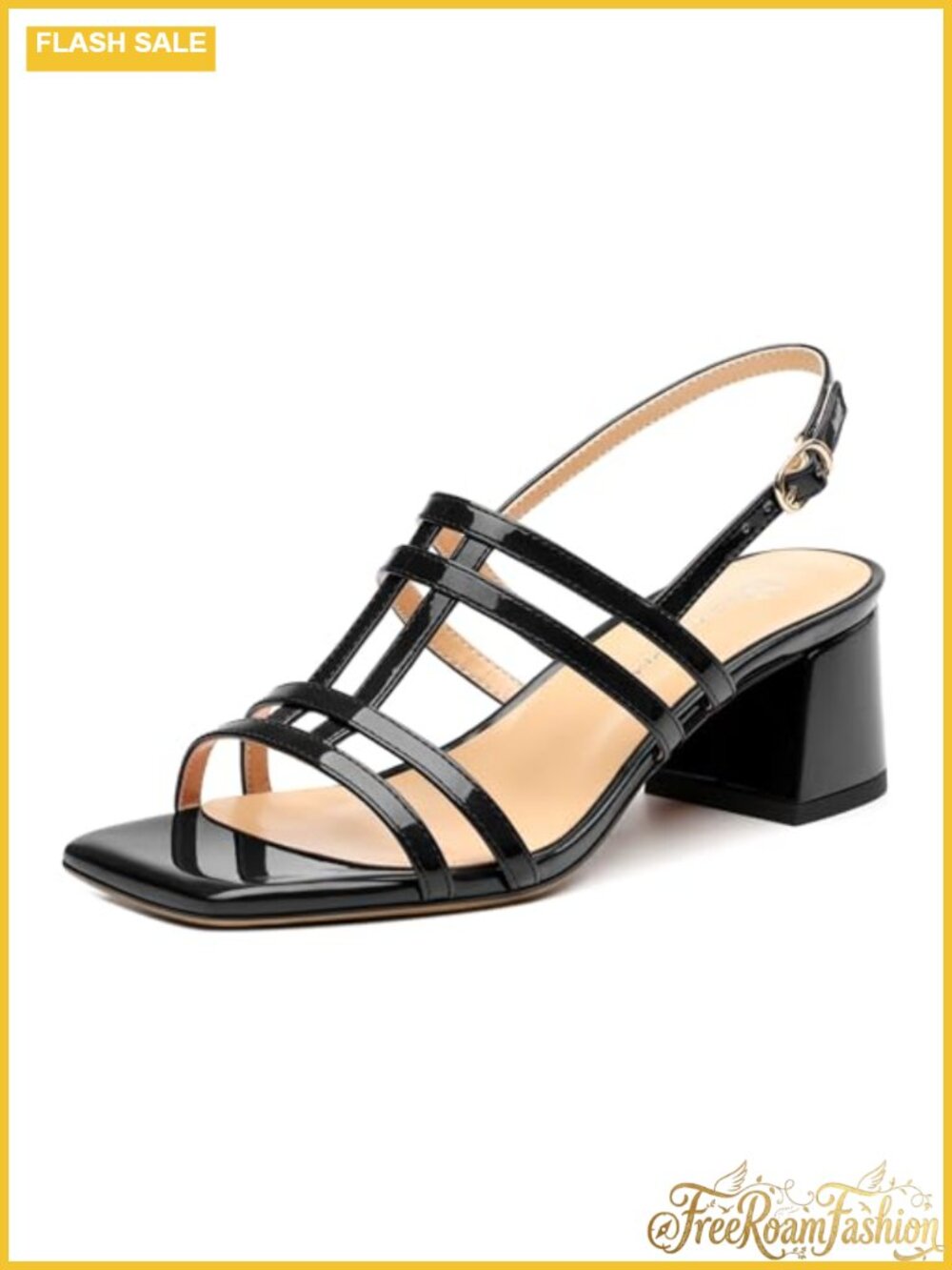 Women's Square Toe Ankle Strap 2 Inch Low Heel Strappy Sandals Patent